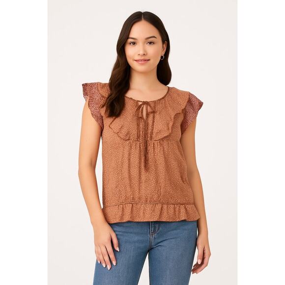 DR2 Women’s Floral Ruffle Blouse Size M 
Peasant Top with Tie Neck | Rust Pink - Picture 2 of 6